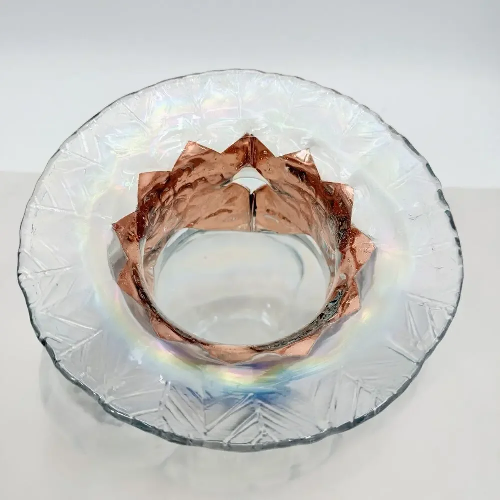 Silvestri Mouth Blown Iridescent Glass Vase with Copper Tone Collar 11.5